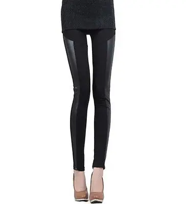 

Fashion Womens Faux Leather Patchwork Black Leggings Pants Slim Trousers Pants