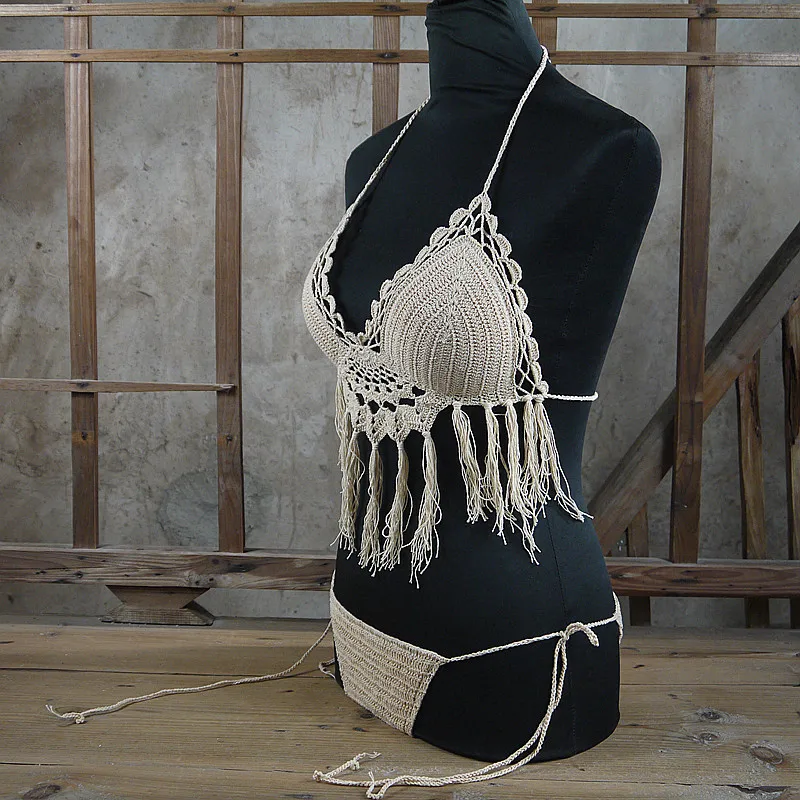 Черно-белое вязаное крючком бикини 2017 укороченный топ купальник для женщин