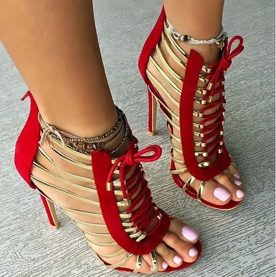 Сандалии в римском стиле пикантные босоножки на шнуровке высоком каблуке с
