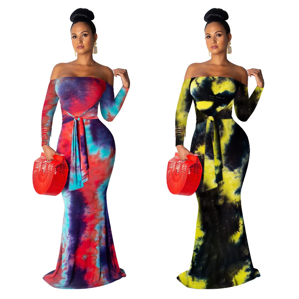 

Sexy strapless long sleeve wrap dress contrast color tie dye slim bodycon wrap hip fishtail dress waist bandage party dress