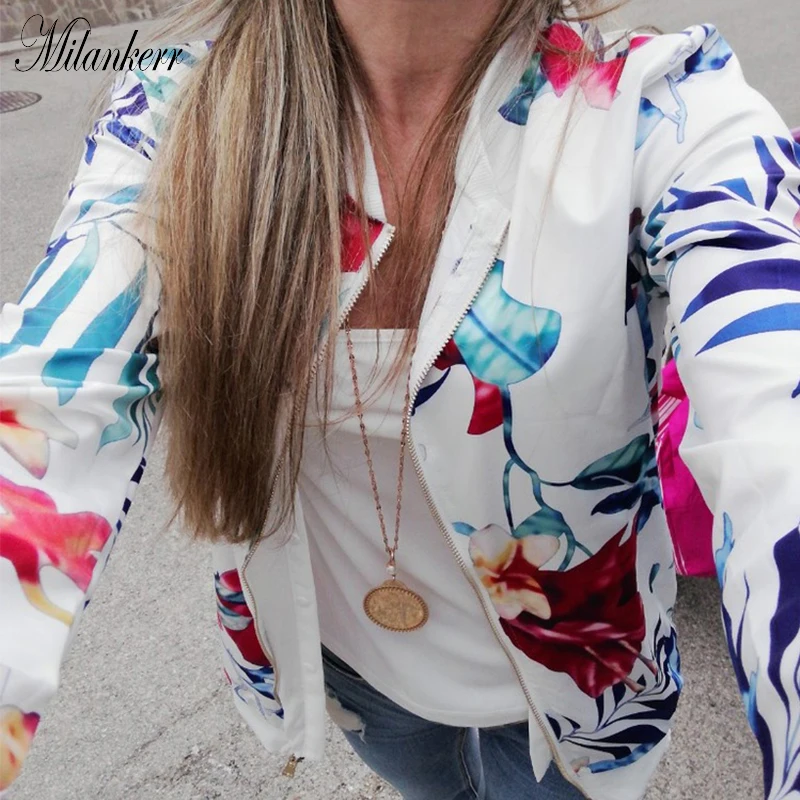 New Women Ribbed Trim Flower Print Bomber Jacket Female Autumn Fashion Long Sleeve Casual Tops Zipper Outwear Loose | Женская одежда
