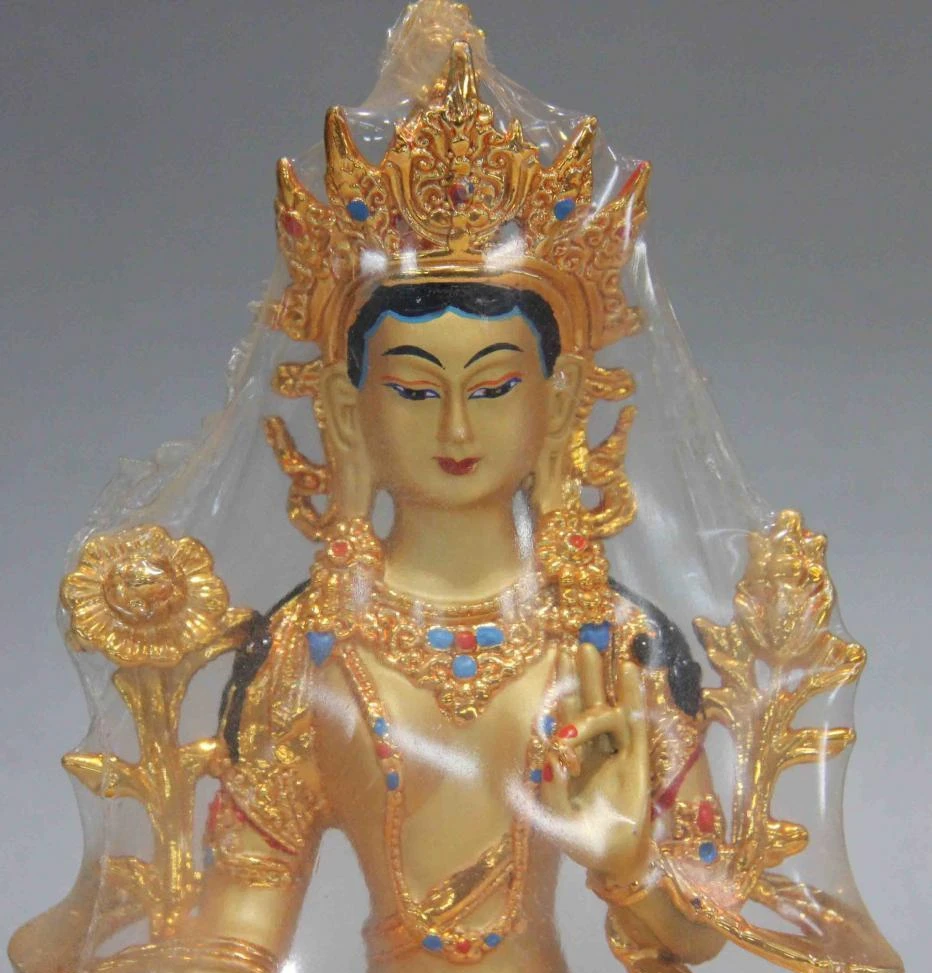 Бесплатная доставка буддизм Бронзовая медная позолоченная Зеленая Тара Гуань