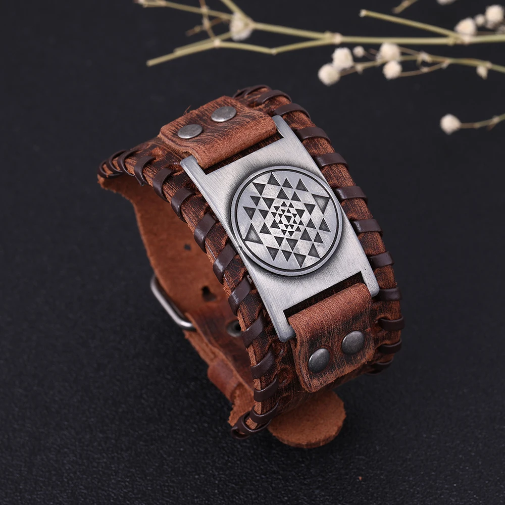 Teamer Antique Silver Copper Bronze Metal Bracelets Black Brown Wide Leather Bracelet Vintage Triangle In Round Charm | Украшения и