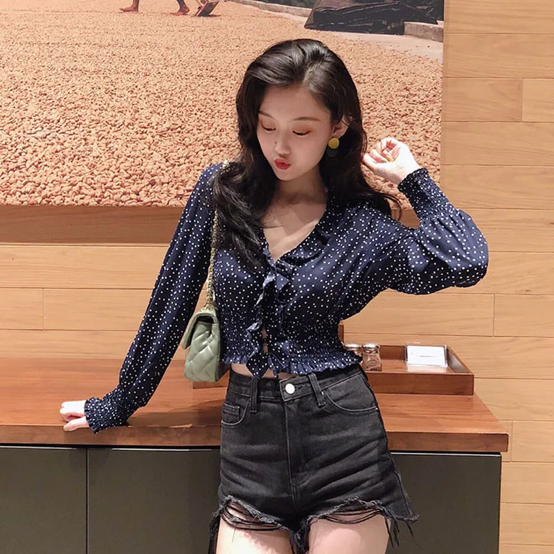 Autumn Long Sleeve Shirts Polka Dot V-neck White Blouse Sexy Pleated Navy Crop Top Female Fitness Casual Shirt Woman Clothes |