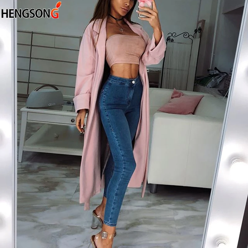 Женская ветровка Повседневная розовая Тренч Весна осень модная Длинная Верхняя