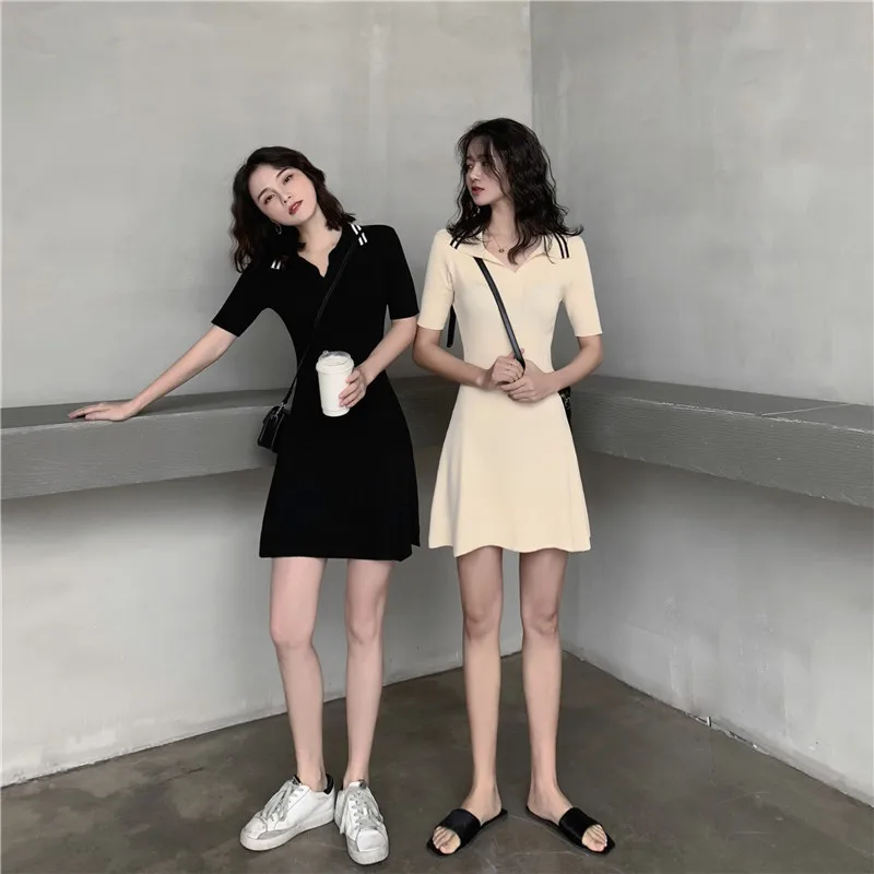 Summer Deep V Tun down Collar A Line Short Dress Casual High Street Women Knitted Dresses Sleeve Elastic Slim Mini Dress|Женские платья|