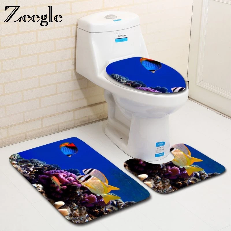 

Zeegle 3pcs/set Bathroom Carpet Set Ocean Underwater World Pattern Toilet Rugs Anti Slip Pedestal Rug Lid Toilet Cover Bath Mats