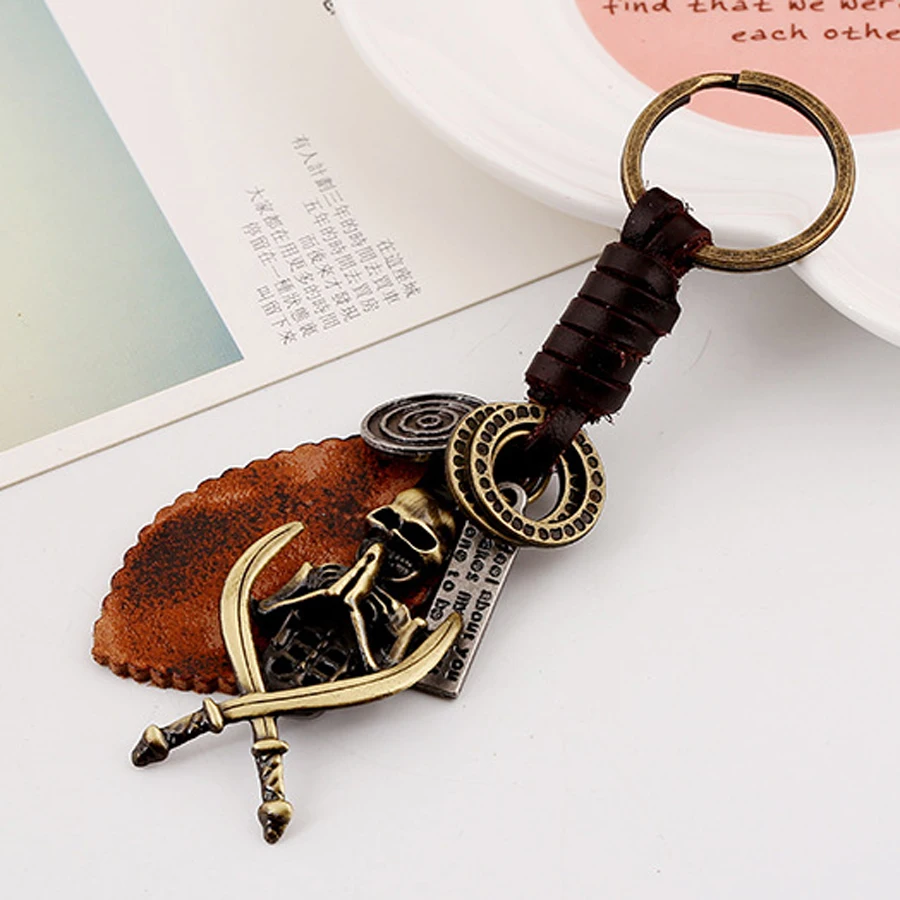 Charm Skeleton Pendant Keychain Women Men Genuine Leather Skull Car Key Chain Ring Holder Creative Bag Punk Jewelry Gift FY039 | Украшения