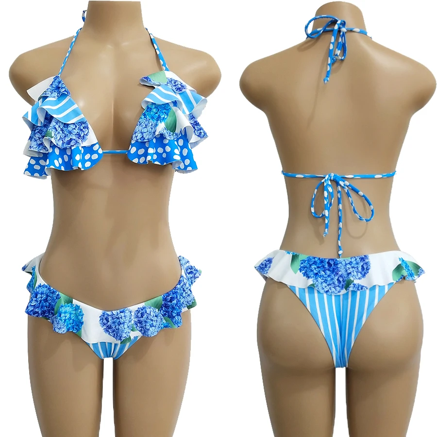 Women Bikini Sets Floral Ruffles Push-up Padded Bra Bikini Halter Tops Thong Bottoms Swimwear Swimsuit Set