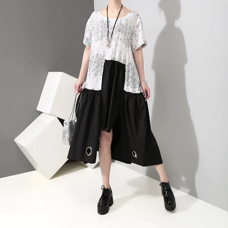 New 2019 Summer Women Black Patchwork Dress Metal Holes Open Hem O Neck Ladies Casual Loose Style Tshirt Robe Femme 4986 | Женская