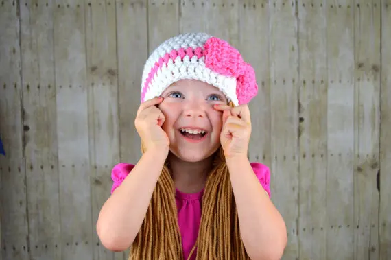 2016 NEW handmade Crochet Baby Girls Wigs Hat White and Pink Pigtail Beanie - Cabbage Patch Hat- Crocheted Bow | Детская одежда и