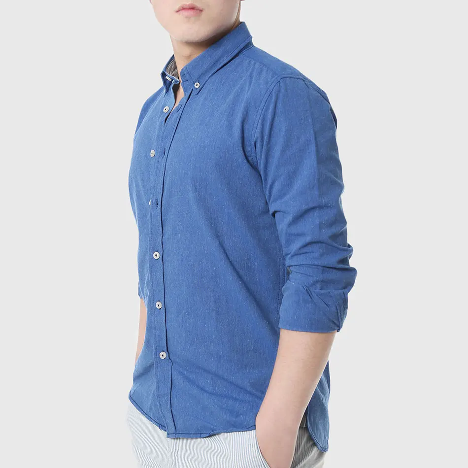 Мужская джинсовая рубашка с длинным рукавом зеленая Однотонная из хлопка и льна