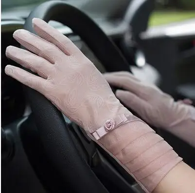 pink Женские кружевные солнцезащитные перчатки на весну и лето, женские противоскользящие перчатки для вождения, сексуальные кружевные перчатки для девушек R002 - Цвет: pink