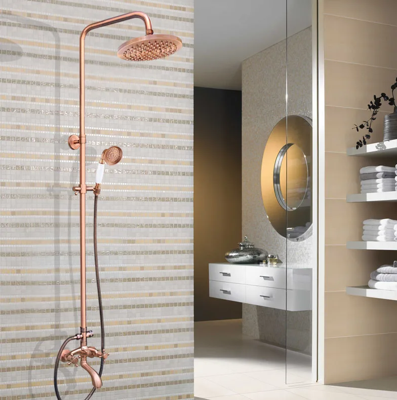 

Antique Red Copper Brass Dual Cross Handles Bathroom 8" Round Rain Shower Head Faucet Set Tub Mixer Tap Wall Mounted mrg506