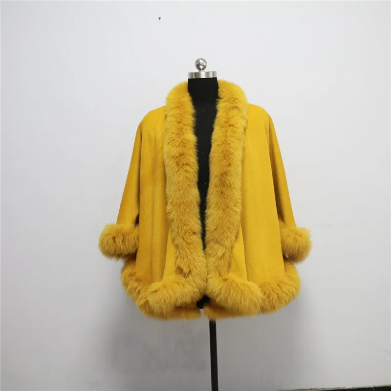 

Free shipping, Drop shipping, cashmere cape with real fox fur trim length 70cm for adult without hood fox shawl