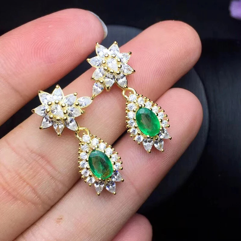 Свадебные серьги с изумрудами из серебра 925 пробы натуральным изумрудом |