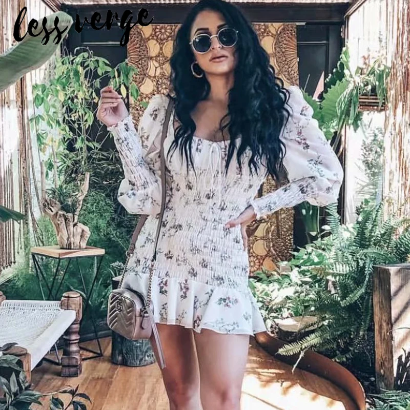 lessverge Floral pleated boho short dress summer Puff sleeve chiffon ruffle women party A line print mini beach | Женская одежда
