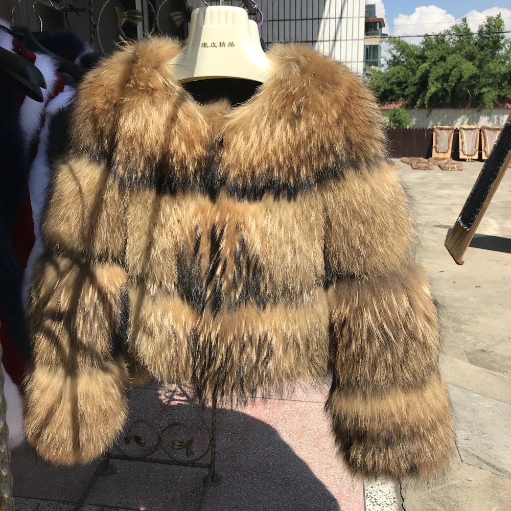 Женское зимнее пальто из натурального меха енота, модное пушистое Женское пальто из натурального меха енота
