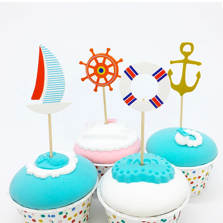 24 шт./лот парусная лодка и Якорь Дизайн торт/капкейк топперы мультфильм