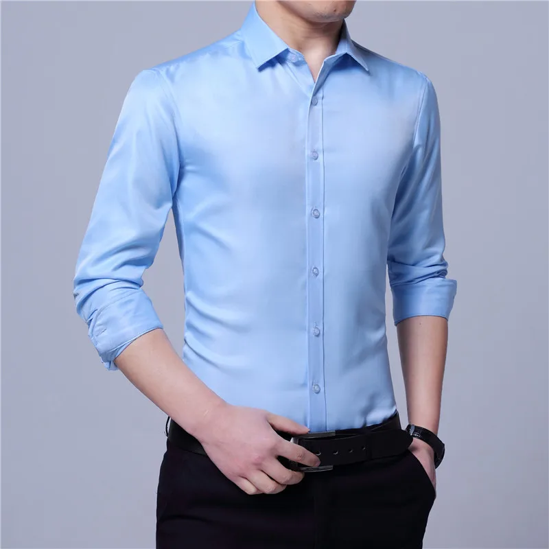 Blusa Masculina Korean Style Casual Slim Fit Shirt Men Solid Long Sleeve Fashion Shirts Mens White Pink Business Office Work 4XL | Мужская