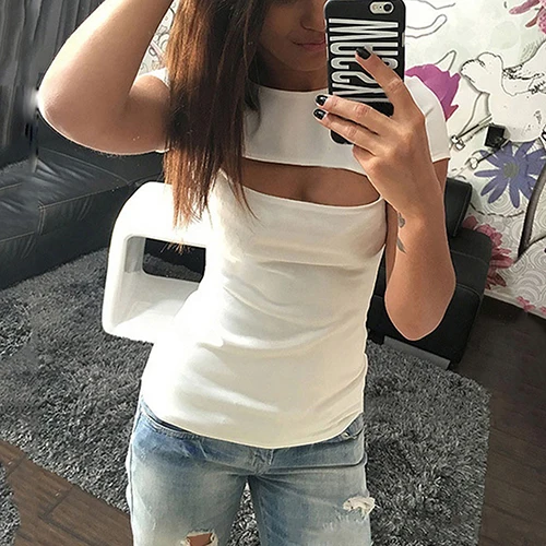 Summer T shirt Women Tops Sexy Short Sleeve Show Chest Slim Tshirt Candy Color Women Cloth Summer