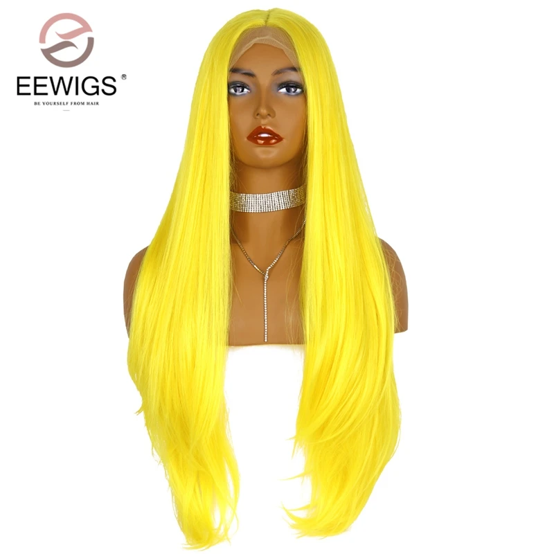 EEWIGS, парик для косплея, ручная вязка, натуральный, прямой, желтый, парик, без клея, термостойкие волосы, синтетические парики на кружеве для женщин
