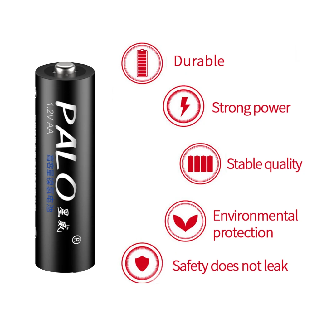 PALO 8 шт. 100% оригинальные батареи 1 2 в AA 3000 мАч Ni MH 2a 2A перезаряжаемая батарея для