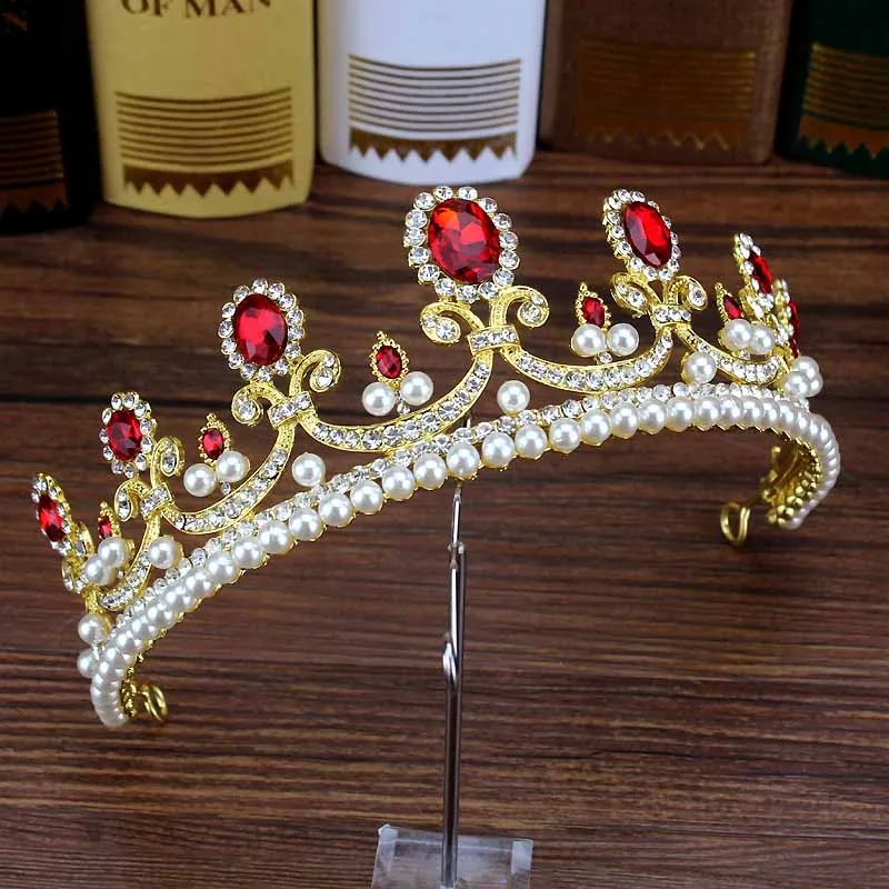 queen crown Винтажная свадебная диадема в европейском стиле, украшенная красными кристаллами и жемчугом, диадема принцессы для девочек, диадема, стразы, свадебная корона, украшения для волос - Окраска металла: queen crown