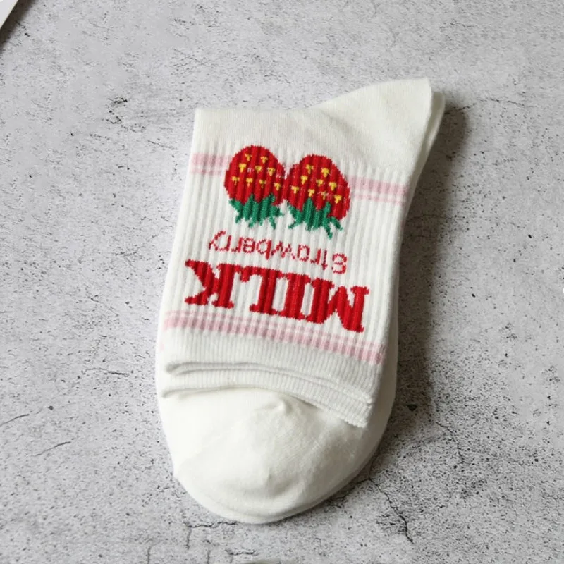Pile Heap Milk Women Pink Socks Cotton Cartoon Fruit Print Cute Socks Meias Korean Harajuku Style with Cow Strawberry Banana 39