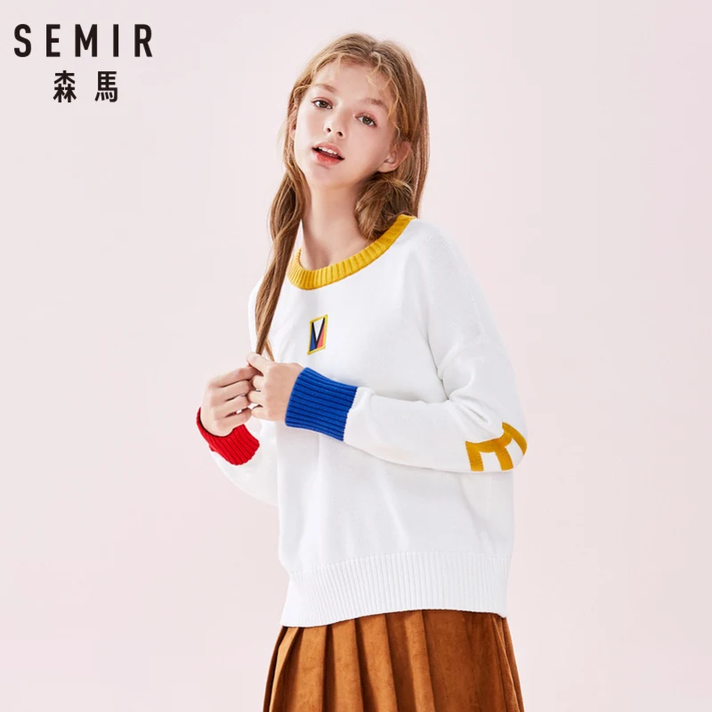 SEMIR женский контрастный тонкий вязаный свитер, хлопок, Женский пуловер, свитер с ребристой горловиной, манжетами и подолом на весну