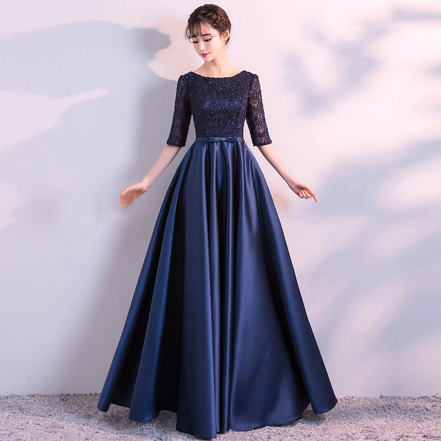 

New Arrival Evening Gown Round neck Satin Half Sleeves Navy Blue Long Evening Dress Party Elegant Vestido De Fest Prom Gowns