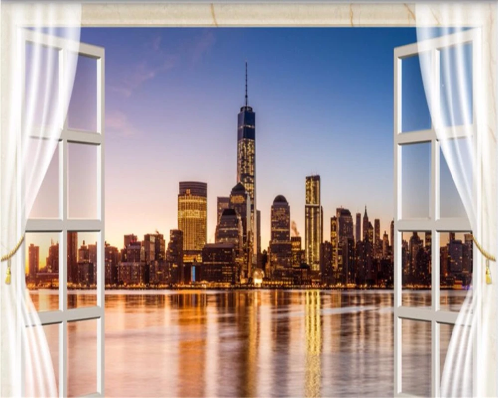 3D фотообои Beibehang на заказ фрески с окном ночным обзором Нью-Йорка гостиной