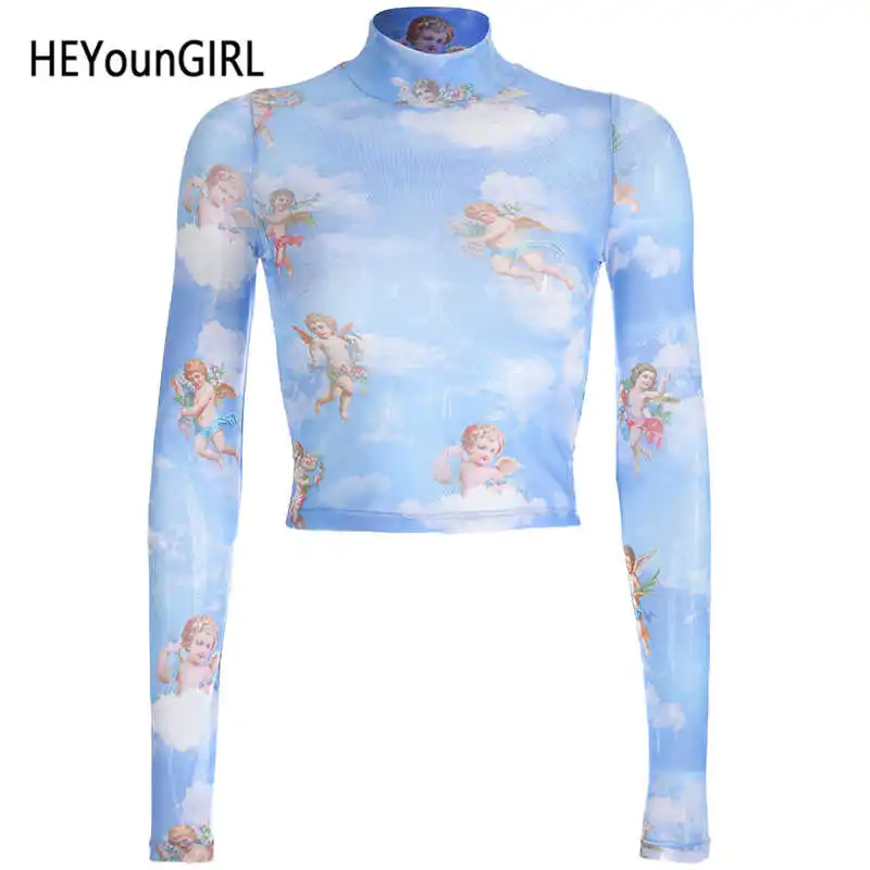 Небесно-голубой HEYounGIRL, Прозрачные топы с длинным рукавом, футболки, водолазка, сексуальная Сетчатая футболка для женщин, принт, Прозрачная Футболка, Женская Весенняя - Цвет: Небесно-голубой