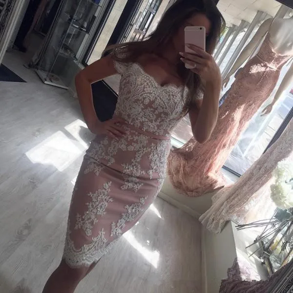 

Dusky Pink Cocktail Dresses Sheath Off The Shoulder Short Mini Appliques Lace Elegant Party Homecoming Dresses
