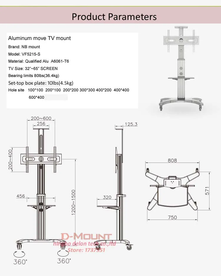 Алюминиевый сплав NB VF5215 ТВ Мобильная тележка подъемная 3"-65" светодиодный жк плазменный ТВ тележка стенд с AV полкой держатель камеры