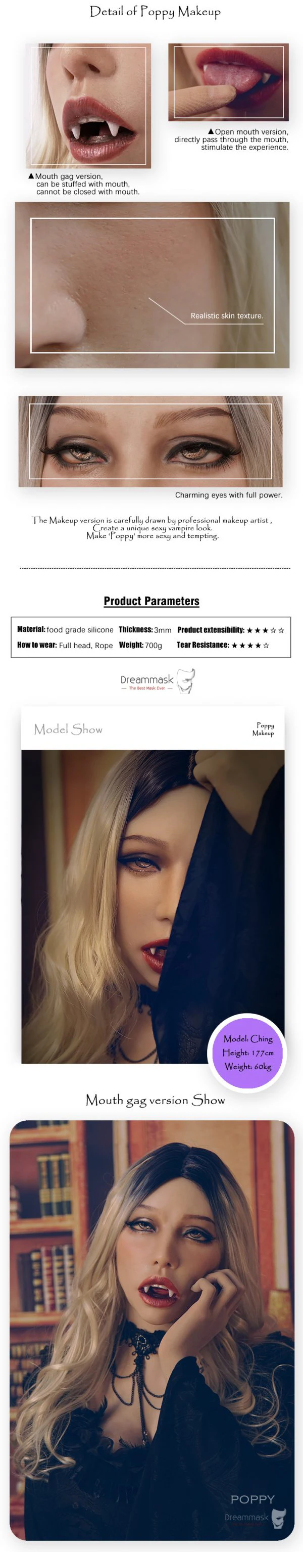 Poppy M) DMS ручная работа Мягкий Материал Силикон Полная Голова женский кроссдресс Косплей открытый рот вампира макияж маска с кляпом