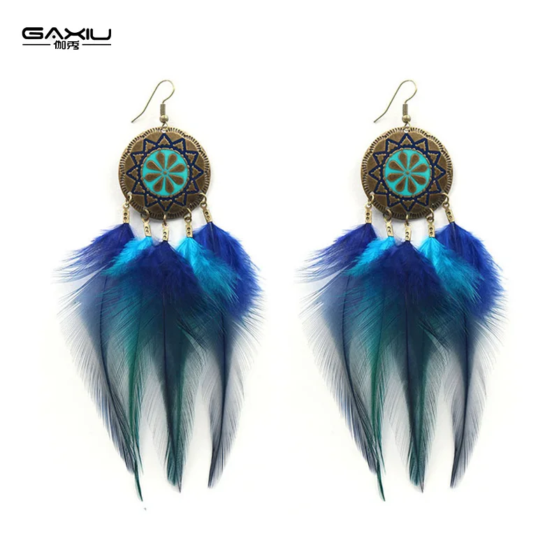 Feather Dangle Earrings For Women Tassel Long Hanging Drop Female Blue Bohemia Fashion Party Jewelry Ear Decoration | Украшения и