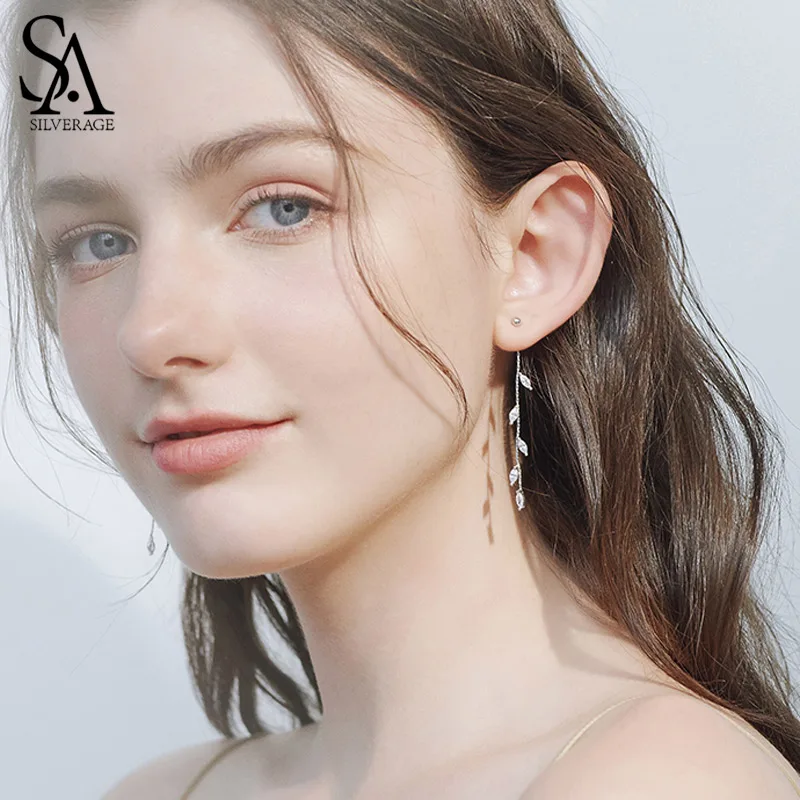 

SA SILVERAGE 925 Sterling Silver Olive Leaf Drop Earrings for Woman AAA Zirconia Long Earrings 925 Silver Earrings Jewelry