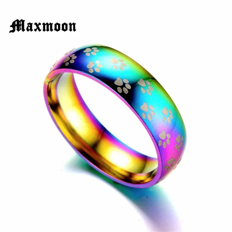 Maxmoon New Fashion Cute Dog Cat Paw Stainless Steel Beautiful Rainbow Anime Pet Finger Rings for Women Men Jewelry Nice Gift | Украшения и