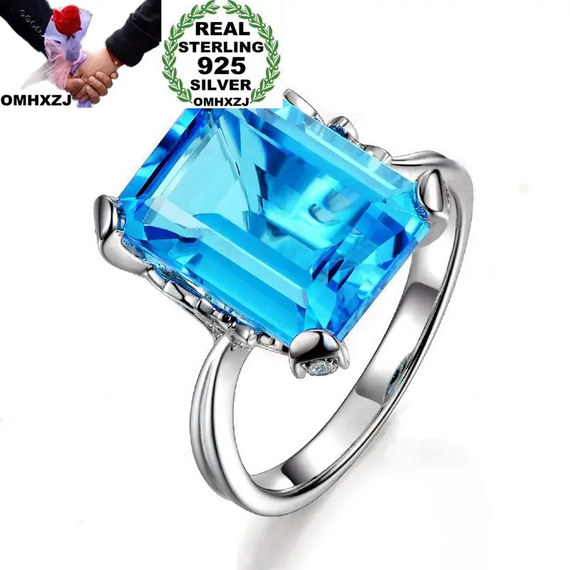 

OMHXZJ Wholesale European Fashion Woman Man Party Wedding Gift Silver Blue Rectangle Topaz 925 Sterling Silver Ring RR07