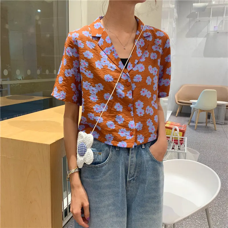 orange Hong Kong, стиль ретро, цветочный принт, милая, свободная, летняя, женская, повседневная, с коротким рукавом, винтажная, универсальная, свежая рубашка - Цвет: orange