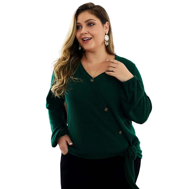 NORMOV Large size woman clothing Sweater 2019 Autumn Winter warm V-neck sweaters 4XL sweater Oblique button big | Женская одежда