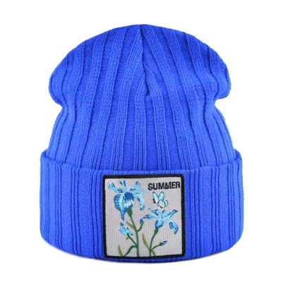 Вязаные шапки для женщин уличная одежда Skullies Beanies с цветком патч Весна Осень Вязание Gorra Мужская зимняя шапочка в стиле кэжуал Кепка - Цвет: Blue2
