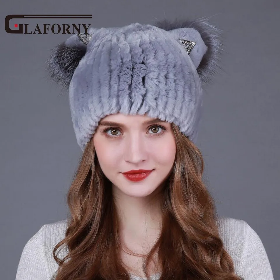 Женская меховая шапка Glaforny натуральная из меха кролика рекс с милыми кошачьими
