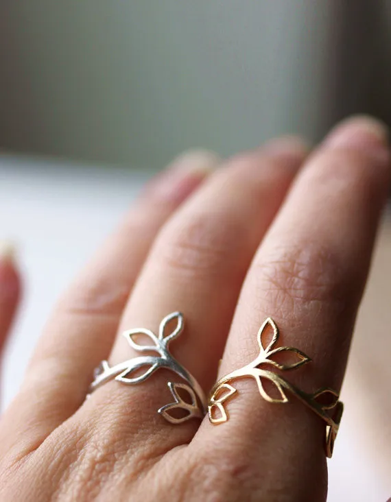 Регулируемое кольцо с листьями свободного размера (серебро/золото 2 цвета) прямые