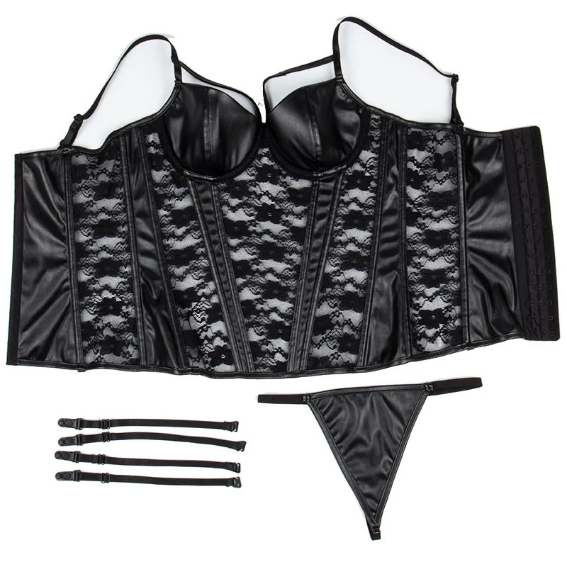 Черный цветочный кружевной и кожаный бюстгальтер бюстье нижнее белье корсет