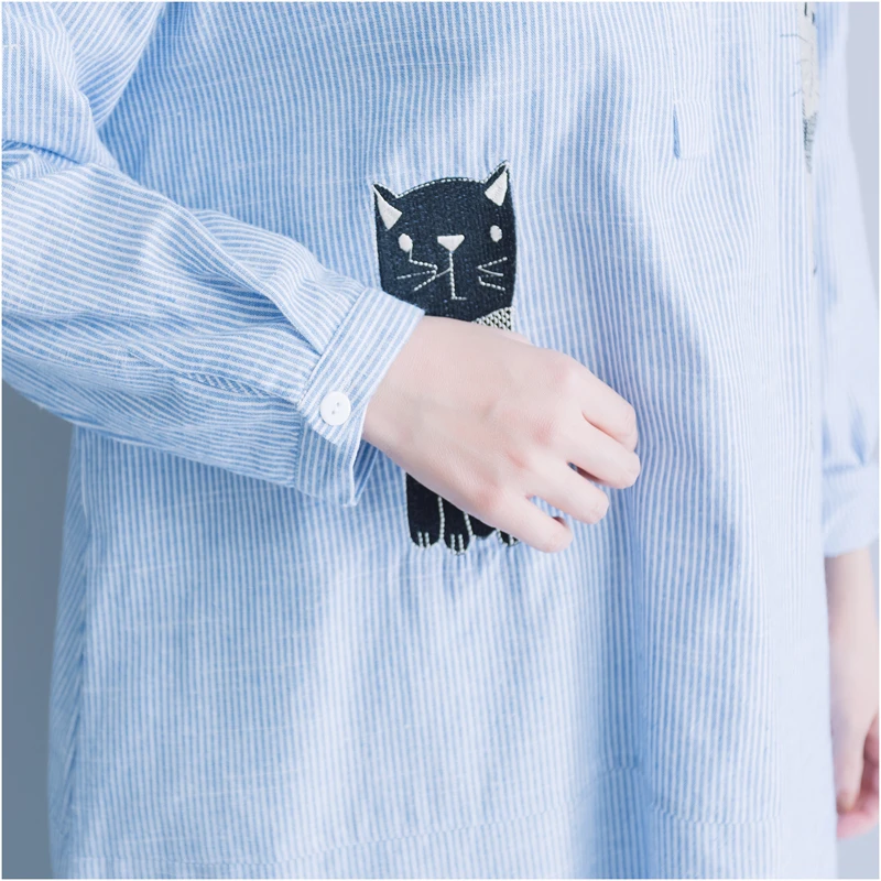 4XL 5XL 6XL Кот Вышивка блузка Осень Новый отложным воротником Длинные рубашка в
