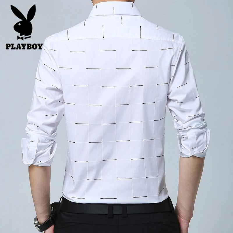 PLAYBOY Новинка плюс большой размер 5XL 4XL Мужская деловая Повседневная рубашка с длинными рукавами Классическая полосатая мужская деловая рубашка