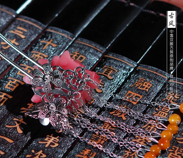 Серебряная палочка для волос Tassel красный пион из смолы ручной работы аксессуар