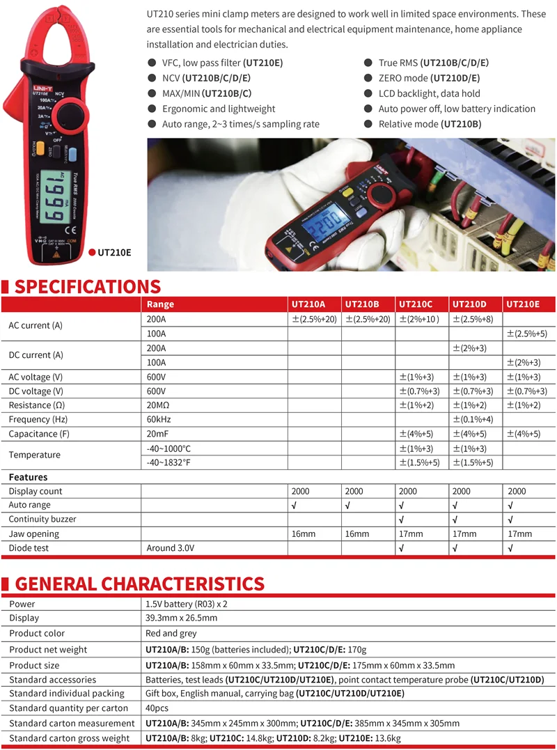 UNI-T UT210A/UT210B/UT210C/UT210D/UT210E мини-клещи; Автоматический диапазон амперметр/VFC/NCV/температурный тест